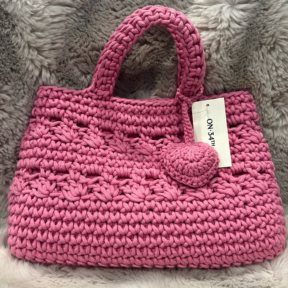 On 34th Pink Crochet Tote with Heart Charm